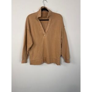 Aerie Oversized Sweatshirt Raw Edges Camel S Deep V-Neck Polo-Style Collar